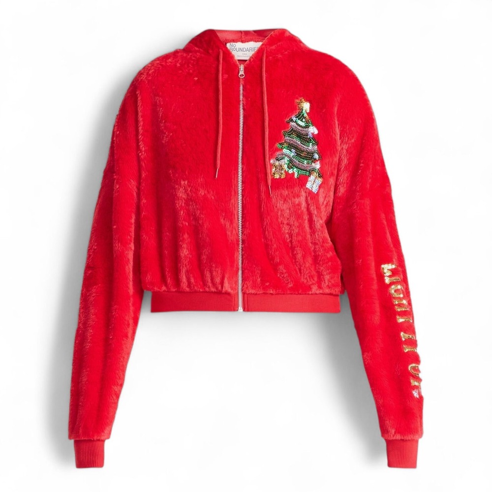 No Boundaries Faux Fur Zip Up Hoodie M Red Sequin Winter Tree Graphic Jacket